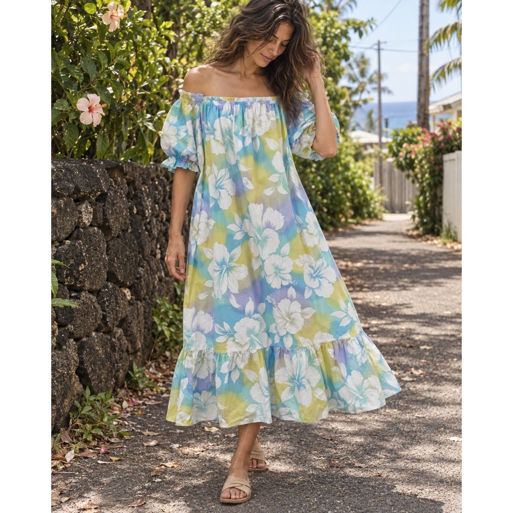 Vintage 1980s Malihini Hawaii Hibiscus Cotton Off Shoulder Midi Dress Muumuu